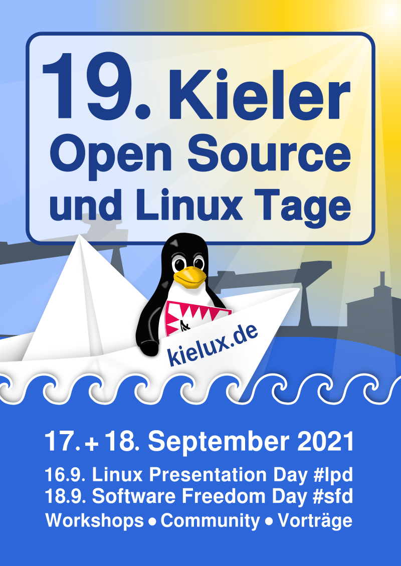 Tux auf dem Papierboot - 19. Kieler Open Source und Linux Tage am 17. und 18.9.2021, Linux Presentation Day am 16.9.2020